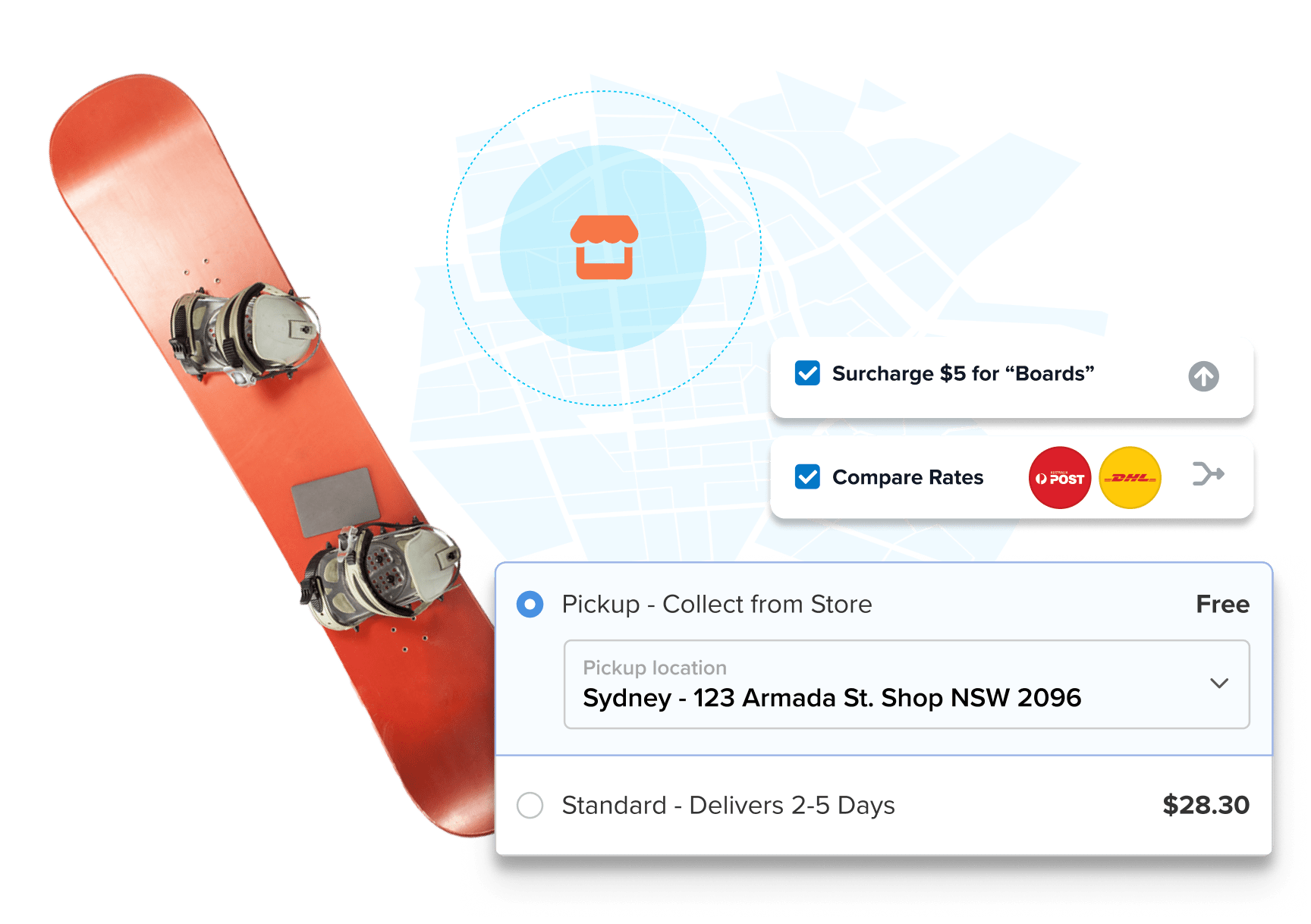 ShipperHQ checkout options shipping a Snowboard