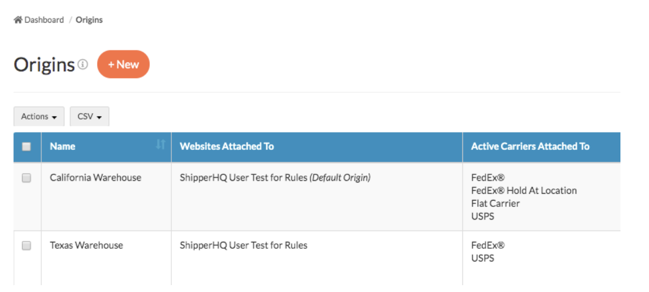 ShipperHQ multi-origin shipping dashboard Shipping origins displayed inside ShipperHQ's merchant dashboard